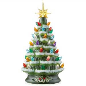 Casafield Hand Painted Ceramic Christmas Tree, 12-Inch Pre-Lit Tree with 100 Multi Color Lights and 2 Star Toppers - 1 of 4