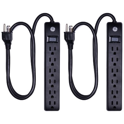 GE 2pk 3&#39; Extension Cord with 6 Outlet Surge Protector Black