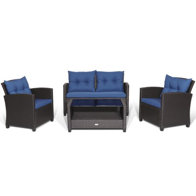 Tangkula Patio Rattan 4PCS Cushioned Chair Coffee Table Classic Furniture Set Bistro Set Single Sofa with Thick Cushion for Garden Navy/Red/Turquoise