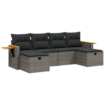 vidaXL 6 Piece Patio Sofa Set with Cushions Gray Poly Rattan - Gray without storage