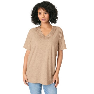 Roaman's Women's Plus Size Flutter Sleeve Linen Blend Tee