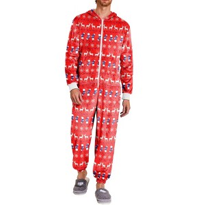 Ekouaer Mens Onesie Christmas Hoodie Fleece One Piece Pajamas Zipper Up Flannel Adult Pjs Christmas Red L - 1 of 4