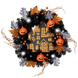 Northlight Orange and Black Haunted House Halloween Wreath, 24-Inch, Unlit - 1 of 4