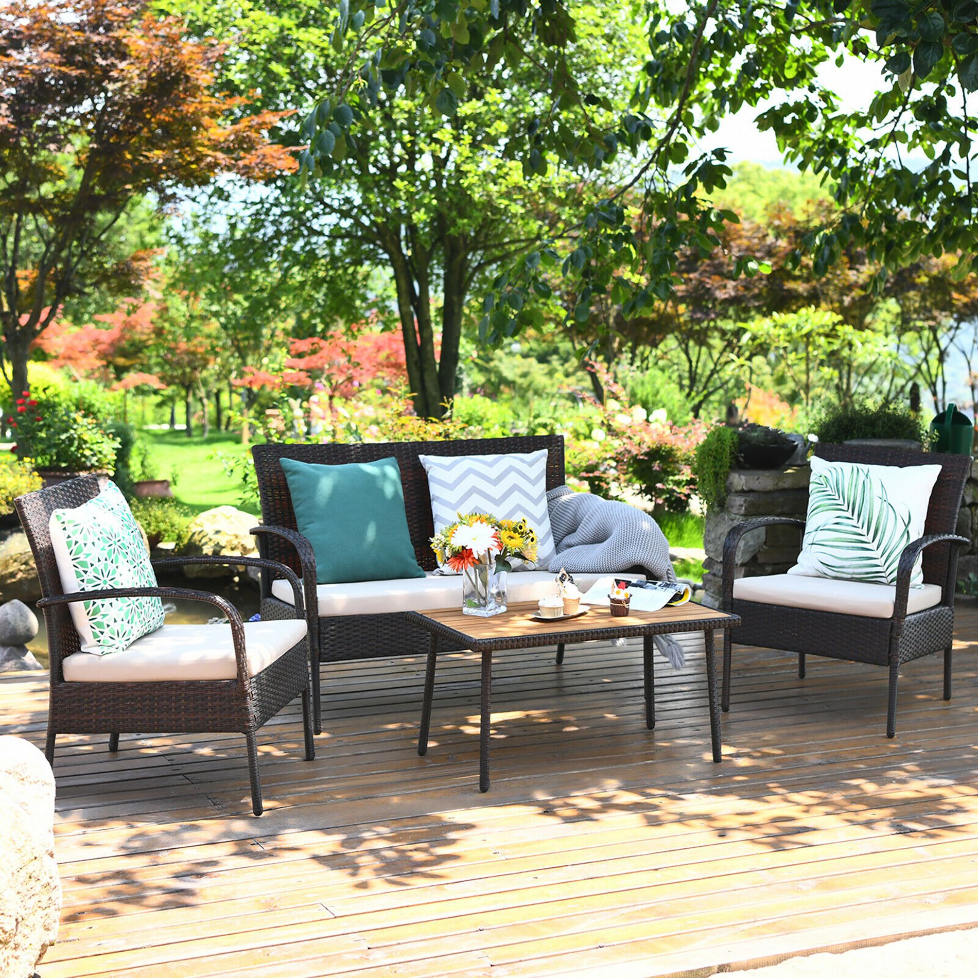 Costway 4PCS Patio Rattan Furniture Set Outdoor Conversation Set Coffee Table w/Cushions