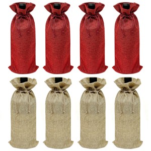 Wrapables Reusable Burlap Wine Bags, Rustic Gift Bags with Drawstring (Set of 8), Burgundy & Natural - 1 of 4