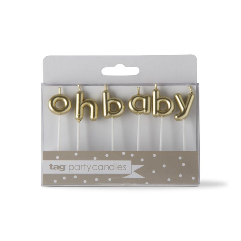 tagltd Oh Baby Candle Set Paraffin Wax Plastic Pick Gold Letters Birthday Gender Reveal Baby Shower Birthday Party Decor, 1 of 4