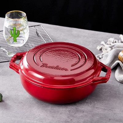 Red Enameled Cast Iron 3.3-Quart Cocotte Double Braiser Pan with Grill Lid