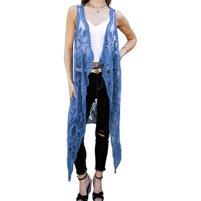 Anna-Kaci Women's Floral Lace Boho Crochet Long Line Cardi Vest