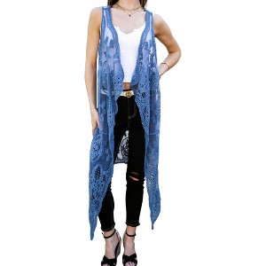 Anna-Kaci Women's Floral Lace Boho Crochet Long Line Cardi Vest for Casual Looks - 1 of 4