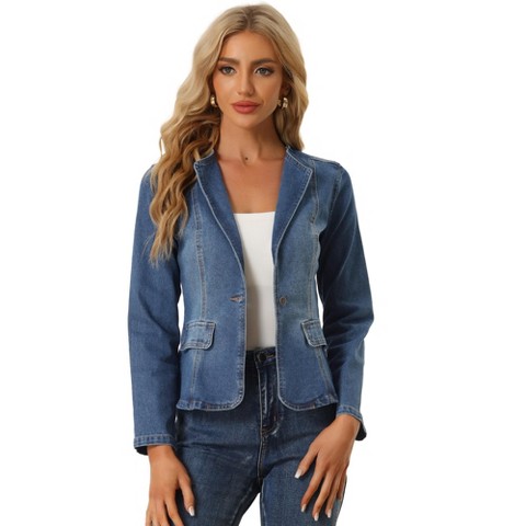 INSPIRE CHIC Women's Denim Lapel Collar Long Sleeve One Button Work Jacket X-Small Deep Blue