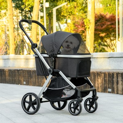 PawHut Black Aluminum 3-in-1 Pet Stroller with Storage Basket
