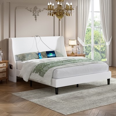 VECELO Upholstered Full/Queen Size Bed Frame with Headboard & Wingback, Platform Bed with USB & Type-C Ports