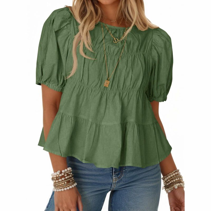 Imily Bela Womens Puff Sleeve Peplum Babydoll Tops Summer Smoked Pleated Cotton T-Shirts Casual Loose Fit Flowy Blouse Armygreen L