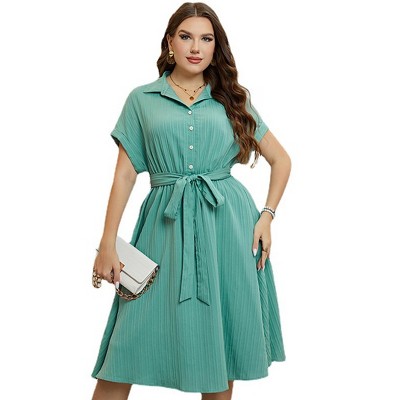 Womens Plus Size Business Casual Shirt Dress for Work Short Sleeve Button Placket Front Summer Dress