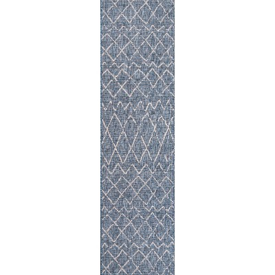 Navy and Light Gray Geometric Synthetic Indoor/Outdoor Runner Rug