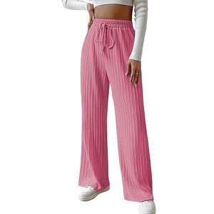 Clearlove Womens Wide Leg Palazzo Pleated Pants Ribbed Knit High Waist Flowy Drawstring Loose Casual Trousers - 1 of 4