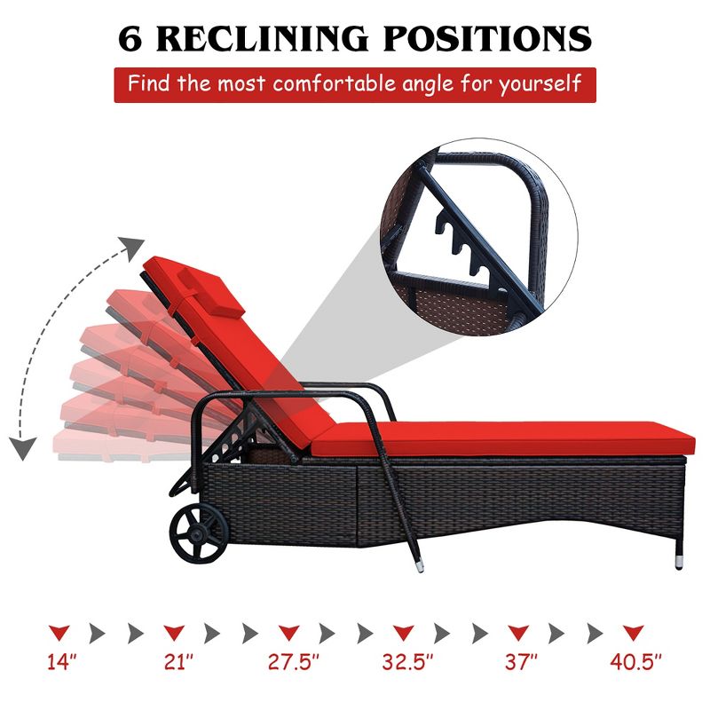 2PCS Patio Rattan Lounge Chair Chaise Recliner Adjust withRed & Off White Cover, 5 of 11