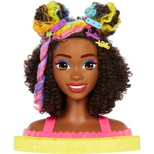 Barbie Totally Hair Styling Doll Head & 20+ Accessories, Color Reveal & Color-Change Pieces, Curly Brown Neon Rainbow Hair - 1 of 4