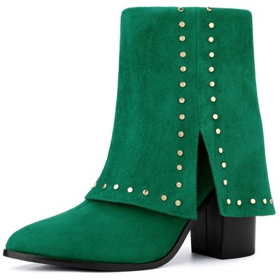 BLISSFUL STEP Women's Block Heel Fold Over Pointy Toe Studded Mid-Calf Boots