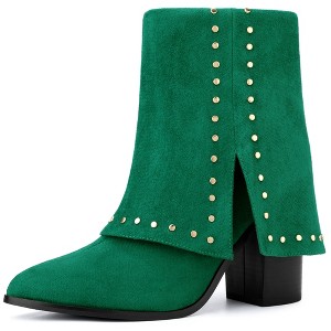 BLISSFUL STEP Women's Block Heel Fold Over Pointy Toe Studded Mid-Calf Boots - 1 of 4