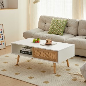 MAYEERTY 41.34" Rattan Coffee table, sliding door for storage, solid wood legs, Modern table for living room ,White - 1 of 4