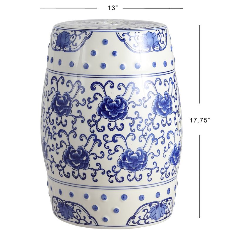 JONATHAN Y Lotus Flower 17.8" Chinoiserie Ceramic Drum Garden Stool, Blue/White, 3 of 7