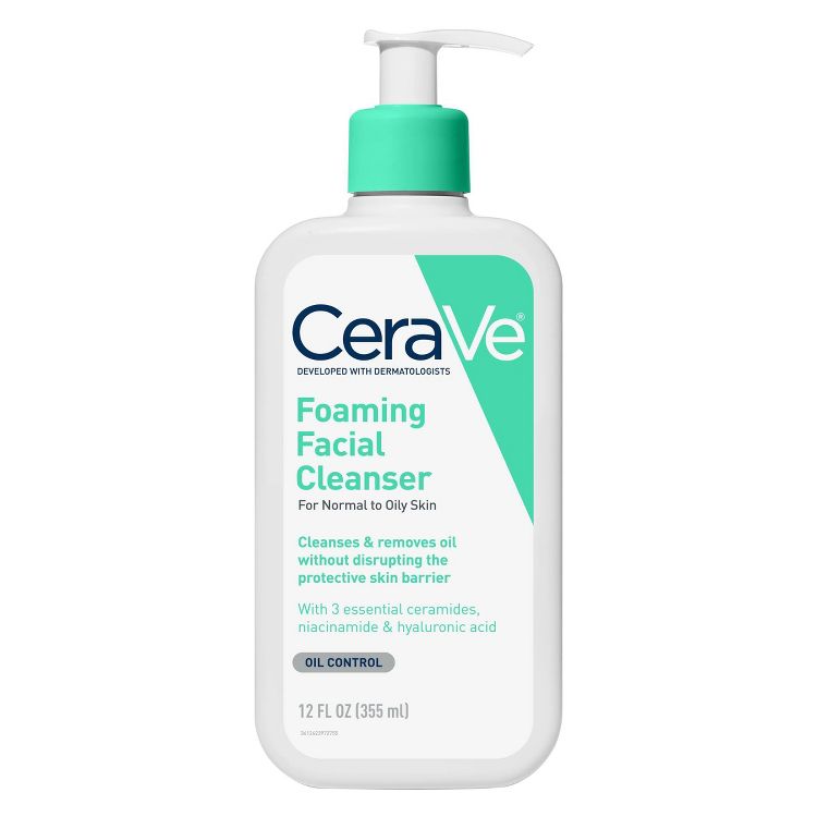 White bottle of CeraVe Foaming Facial Cleanser with a green pump, labeled for normal to oily skin, 12 FL OZ (355 ml).