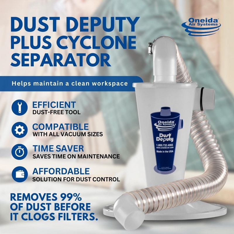 Oneida Air Systems Dust Deputy Plus Cyclone Separator for Wet/Dry Shop Vacuums with 3 Foot Connection Hose, Clear, 2 of 7