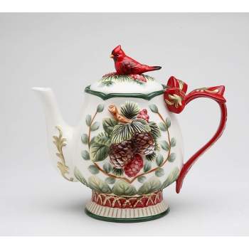 Kevins Gift Shoppe Ceramic Cardinal Bird and Pine Cones Christmas Teapot