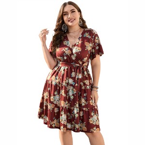 BLUEMING Plus Size Womens Dresses V Neck Floral Flutter Sleeve Midi Surplice Dress Waist Belted Floral Tie Waist Dress Bell Sleeve Dress Flowy Dress - 1 of 4