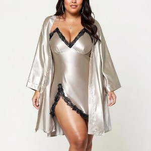 Anna-Kaci Lounge Women's 2-Piece Satin Slip Dress and Robe Set with Lace Trim Details and Elegant Flowing Layered Silhouette - 1 of 4