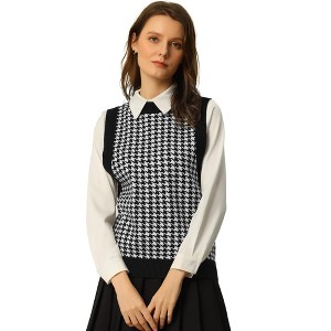 Allegra K Women's Round Neck Sleeveless Houndstooth Plaid Knitted Sweater Vest - 1 of 4