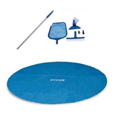 Intex 18 Ft Round Easy Solar Cover and Maintenance Kit w/ Vacuum Skimmer & Pole