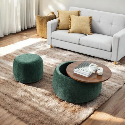 Alilang 25 inches Upholstered Ottoman Set with Tray Table and Matching Stool-Green