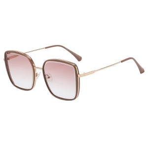Anna-Kaci Minimalist Square Frame Sunglasses with Slim Metal Arms and Flat Top Bridge Design for Everyday Wear - Brown - 1 of 2