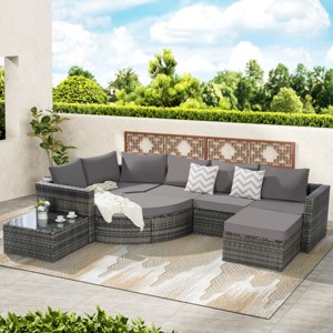 Outdoor 8-Piece Sectional Sofa Set, Free Combination Wicker Conversation Set with Glass Coffee Table, Sofa with Foam Cushions-Coolbibila - 1 of 4