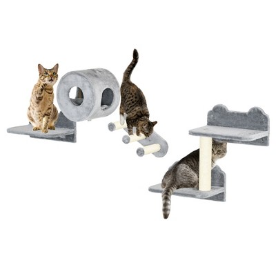 PawHut Cat Wall Shelves 4 Piece Cat Wall Furniture with Condo Scratching Post Platforms 3 Steps Wall Mounted Cat Tree for Small Cat Gray