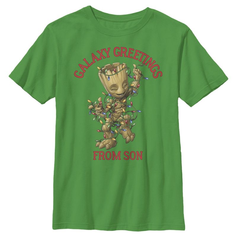 Boy's Marvel Christmas Groot Galaxy Greetings Son T-Shirt, 1 of 4