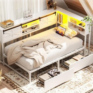 Aheaplus Rebersible Daybed with Bookcase and Drawer, Corner Bed Frame with Sliding Door, White - 1 of 4