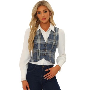 INSPIRE CHIC Women's Vintage Plaid V Neck Single Breasted Sleeveless Vest - 1 of 4