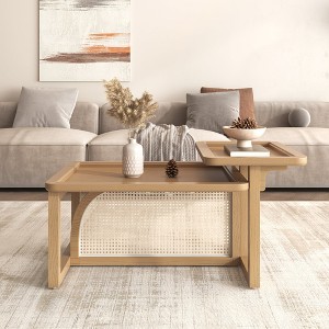 HDZNVF Modern 2 Piece Nesting Rattan Wood and MDF Coffee Table Set in Natural - 1 of 4