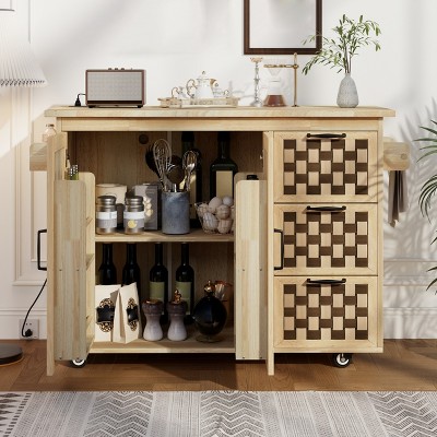53.2" Kitchen Island with Drop Leaf, Kitchen Island on Wheels With 3 Drawers, Rolling Kitchen Island Table with Towel Rack for Kitchen Dining Room