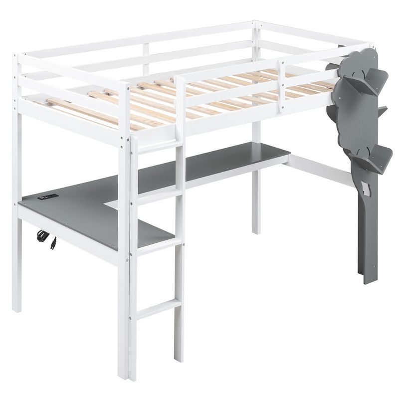 Twin Size Loft Bed with L-Shaped Desk, Tree-Shaped Bookcase and Charging Station, White + Gray - ModernLuxe, 5 of 12