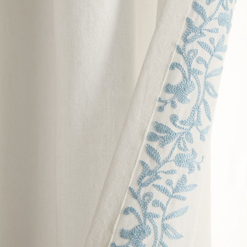 Luxury Modern Flower Linen Like Embroidery Border Window Curtain Panel Off White/Blue Single 52X84, 5 of 7