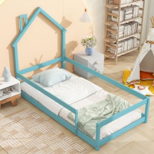 Durable Twin Wood Bed with House-Shaped Headboard and Protective Fencing - 1 of 4