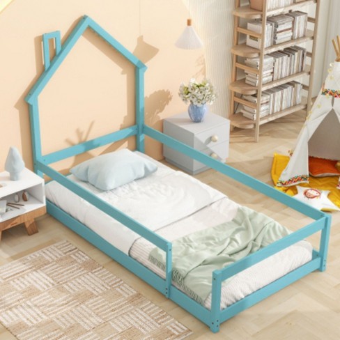 Durable Twin Wood Bed with House-Shaped Headboard and Protective Fencing - image 1 of 4