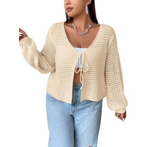 BLUEMING Women Tie Front Oversized Cardigan Bell Sleeve Knit Cropped Cardigan Crochet Bolero Shrug Sweater - 1 of 4