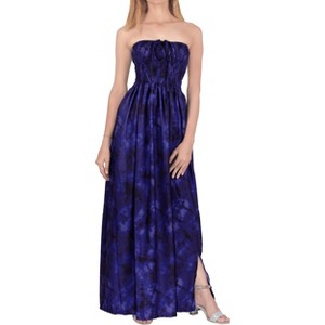 LA LEELA Women's Tube Dress Boho Smocked Maxi One Size Navy Tie Dye - 1 of 3