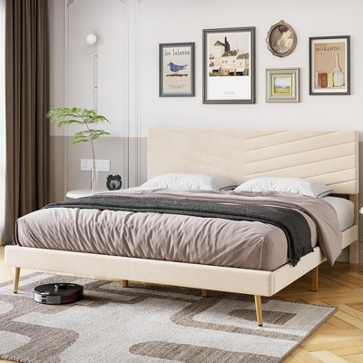 Queen Size Bed Frame with Velvet Upholstered Headboard, Platform Bed with Solid Wood Slats Support