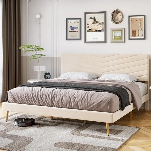 Queen Size Bed Frame with Velvet Upholstered Headboard, Platform Bed with Solid Wood Slats Support - 1 of 4